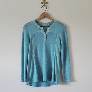 Soft Surroundings Teal Blue Waffle Knit Thermal Long Sleeve‎ Tee Size Small